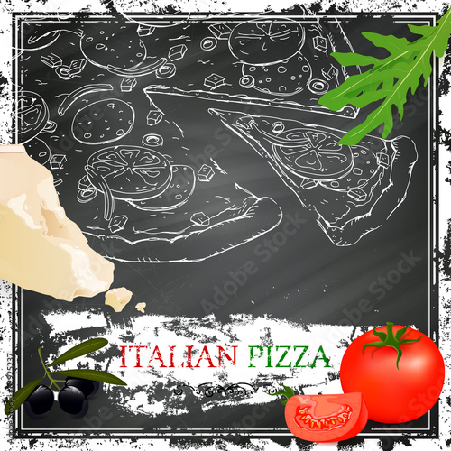 Fototapeta Vector Italian Pizza Poster on a Black Chalkboard