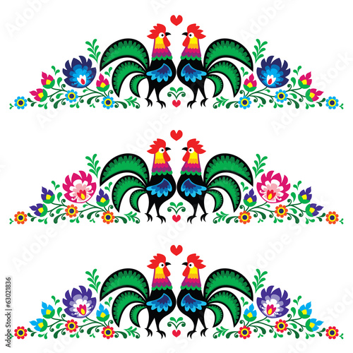 Lacobel Polish floral folk long embroidery pattern with roosters