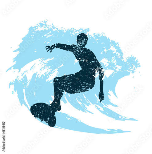  silhouette of a surfer in grunge style splashes
