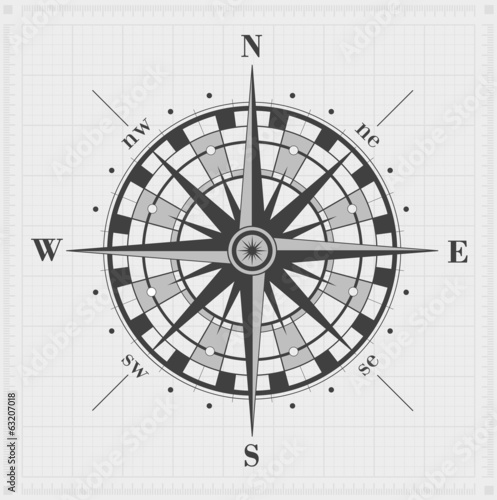 Fototapeta Compass rose over grid. Vector illustration.