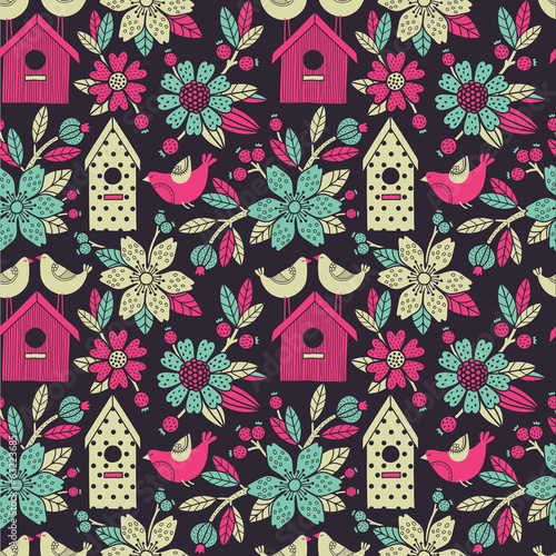  Seamless floral pattern with birdhouses