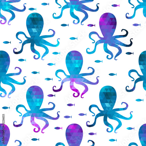  seamless pattern with octopus and fishes. Colorful mosaic backdr