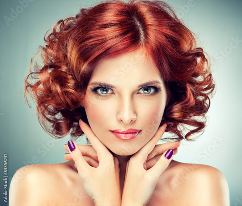 Fototapeta Beautiful model red with curly hair