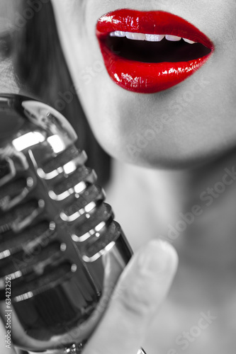  Close Up Woman Singing Mouth & Vintage Microphone