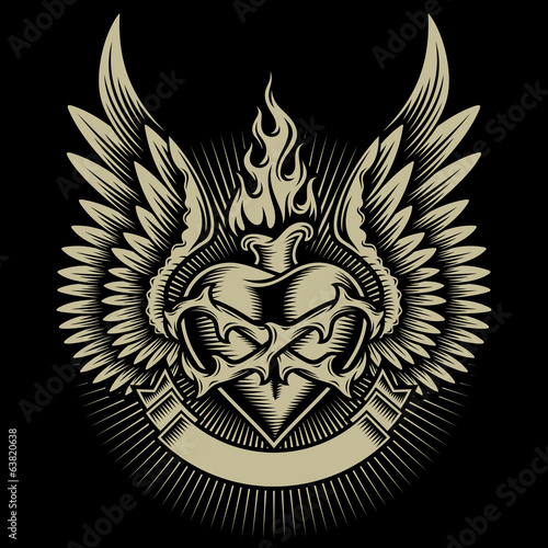  Winged Burning Heart With Thorns and Ribbon