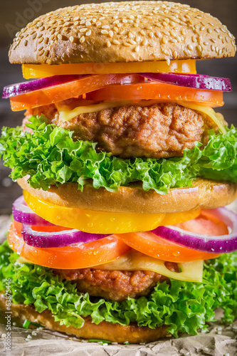  Closeup of tasty homemade big hamburger