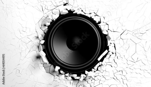 Fototapeta White wall breaks from sound with loudspeaker illustration