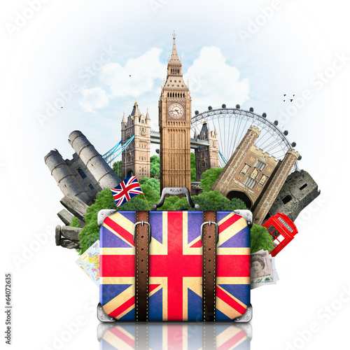 England, British landmarks, travel and retro suitcase