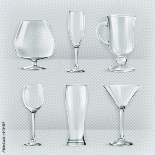  Set of transparent glasses goblets, vector