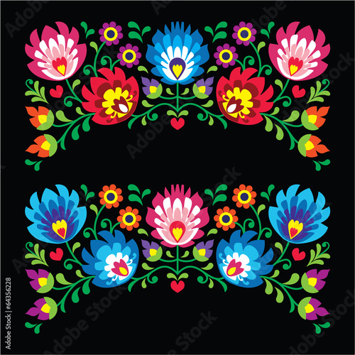 Fototapeta Polish floral folk embroidery card on black - Wzory Lowickie