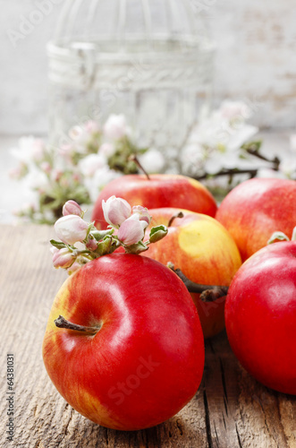  Red apples on wooden table
