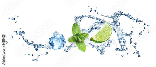  Ice cubes, mint leaves and lime on a white