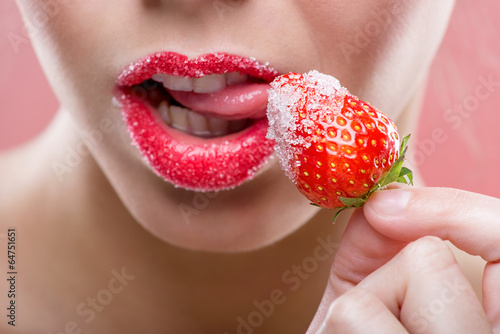Fototapeta Beautiful female red lips, full with Granulated sugar,