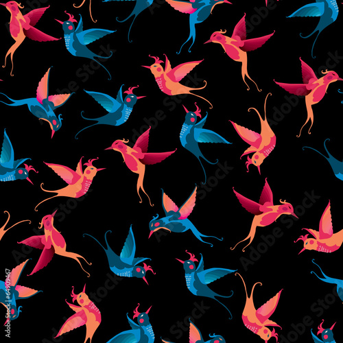  Birds seamless pattern. Vector texture on dark background.