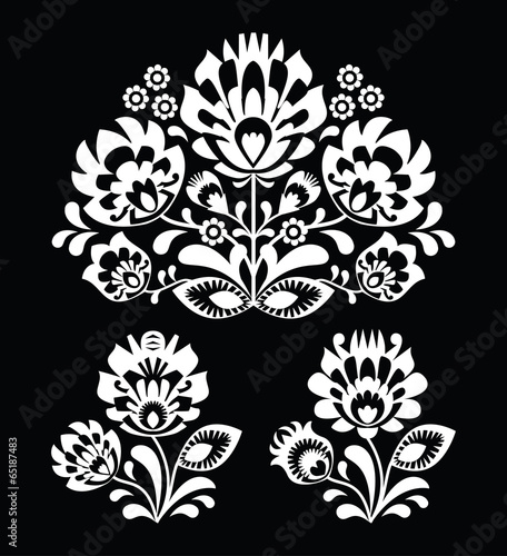 Fototapeta Polish floral folk white pattern on black - wzory lowicki