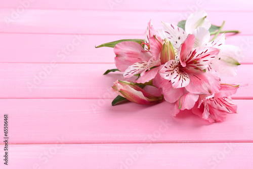 Fototapeta Beautiful Alstroemeria flowers on wooden table