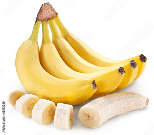  Banana fruit with banana pieces on a white background.