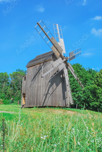 Fototapeta Windmill on a green meadow near the forest