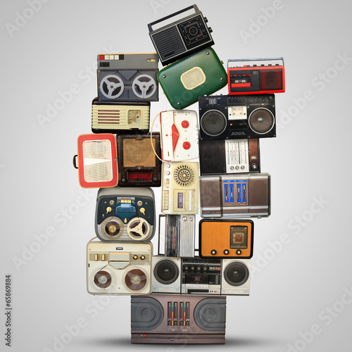 Fototapeta Retro recorder, audio system, collage of music, background