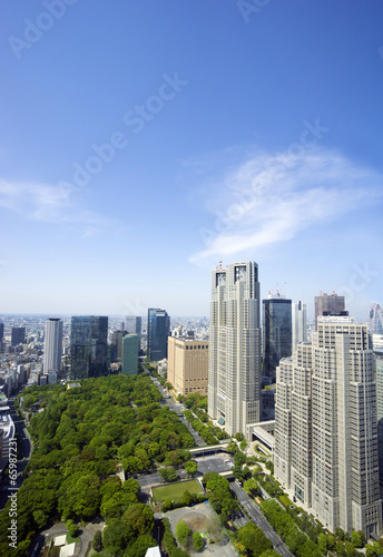  新緑の緑が鮮やかな新宿中央公園とともに東京都庁と新宿高層ビル群を望む【国際都市イメージ】