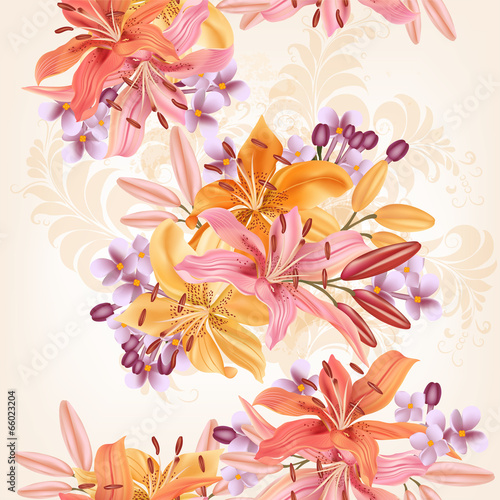  Floral seamless pattern with lily flowers in watercolor style