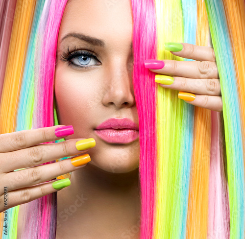Fototapeta Beauty Girl Portrait with Colorful Makeup, Hair and Nail polish