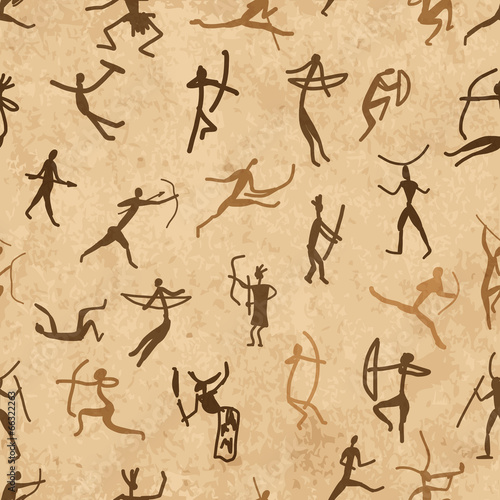  Rock paintings with ethnic people, seamless pattern