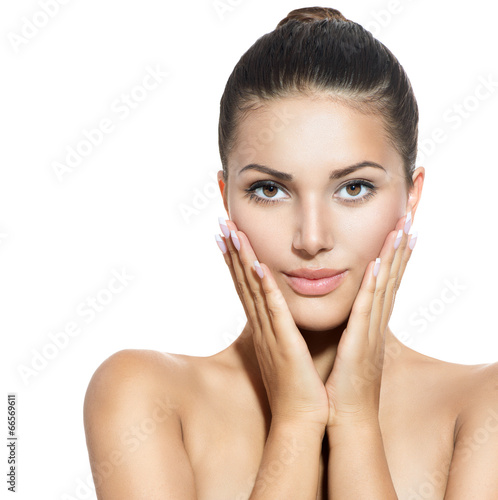 Fototapeta Face of Young Woman with Clean Fresh Skin over White