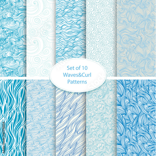 Set of 10 seamless waves and curls backgrounds