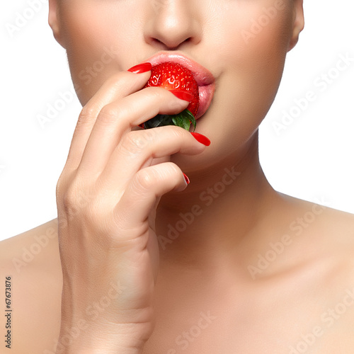Fototapeta Sweet Bite. Healthy Mouth Biting Strawberry
