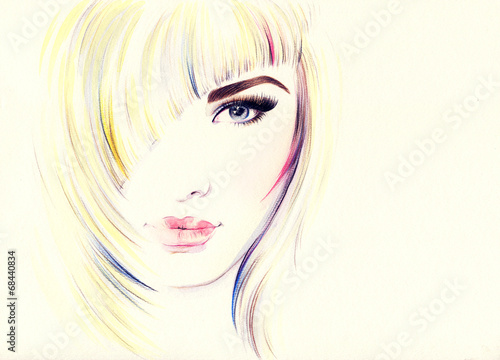  Beautiful woman face. watercolor illustration