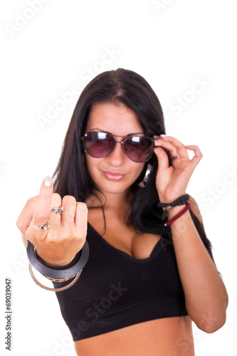 Poster sexy woman making beckoning gesture with finger showing 'come he