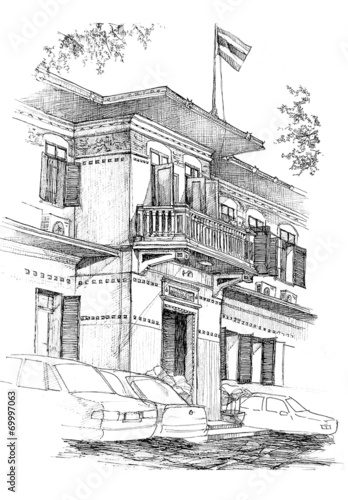 Fototapeta colonial building sketch