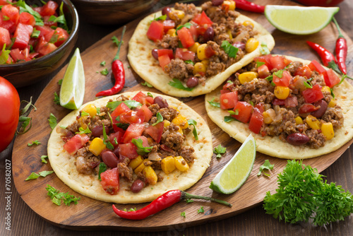 Mexican cuisine-tortillas with chili con carne and tomato salsa Plakát