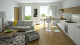 rendering of a modern living room with open kitchen poster