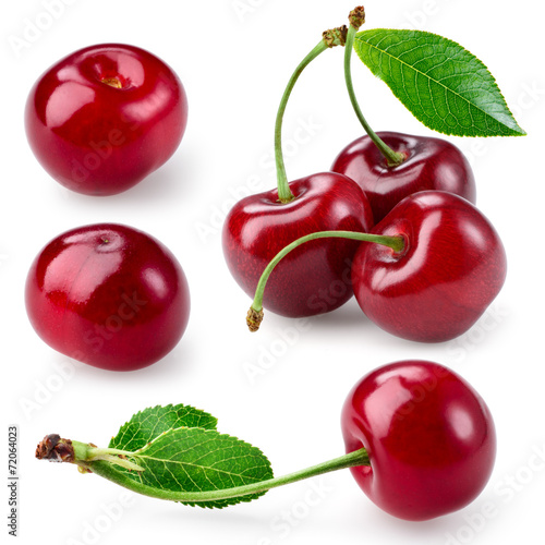 Cherry with leaves isolated on white. Collection. © Tim UR