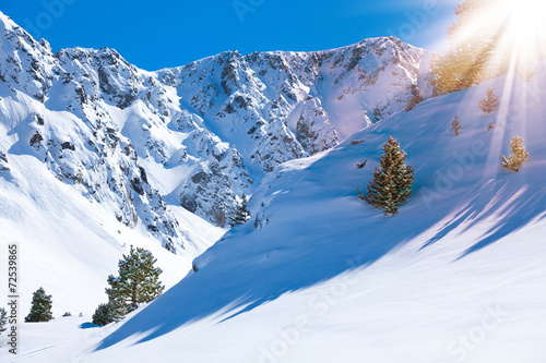 Fototapeta Mountain valley and snow