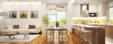 Modern kitchen and living room in a big house poster