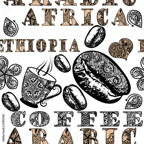  Coffee seamless pattern with ethnic African ornament, coffee gra