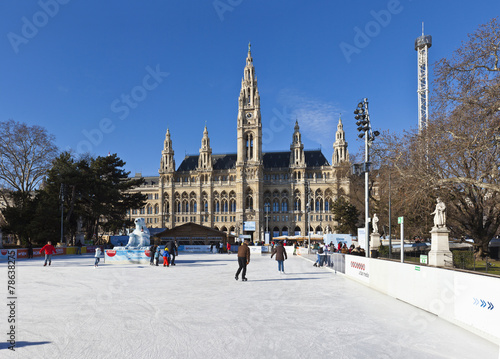 Poster Ice skaters at Wiener Eistraum in front of the City Hall Vienna
