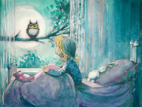 dziewczyna-w-jej-lozkowej-patrzeje-sowy-na-drzewie-watercolors