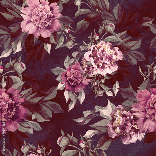 Seamless floral pattern with red and pink roses and peonies плакат