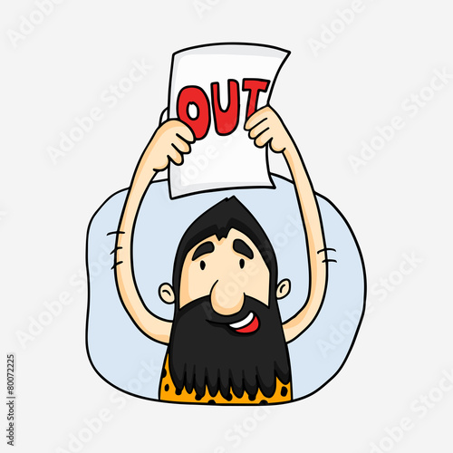 Cartoon of a caveman showing Out pamphlet for Cricket concept. Poster  #F80072225 