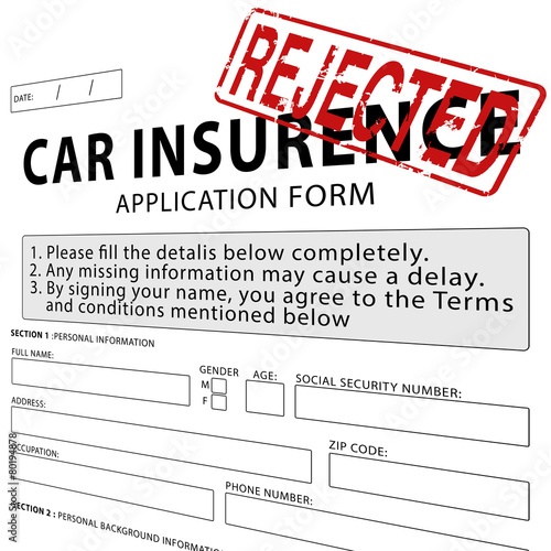 Illustration: Car insurance application form with red rejected rubber Illustration: Car insurance application form with red rejected rubber