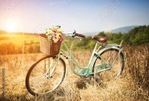 Vintage bicycle with basket full of flowers standing in field