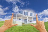 Female Hands Framing House Drawing and House Above Grass poster