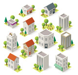 Vector isometric city buildings set poster