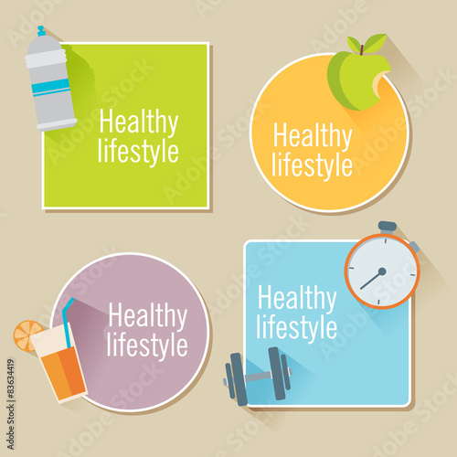 ... : Healthy lifestyle flat illustration stickers. Food, water and sp