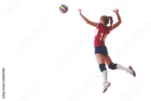 volleyball woman jump and kick ball isolated on white background Poster