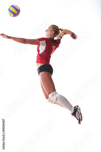 volleyball woman jump and kick ball isolated on white background Poster